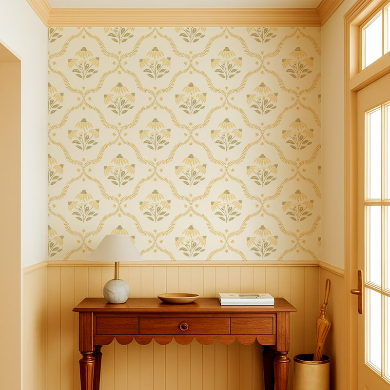 Anja Jankowsky Retro Country Coneflower Wallpaper in Vintage Hallway