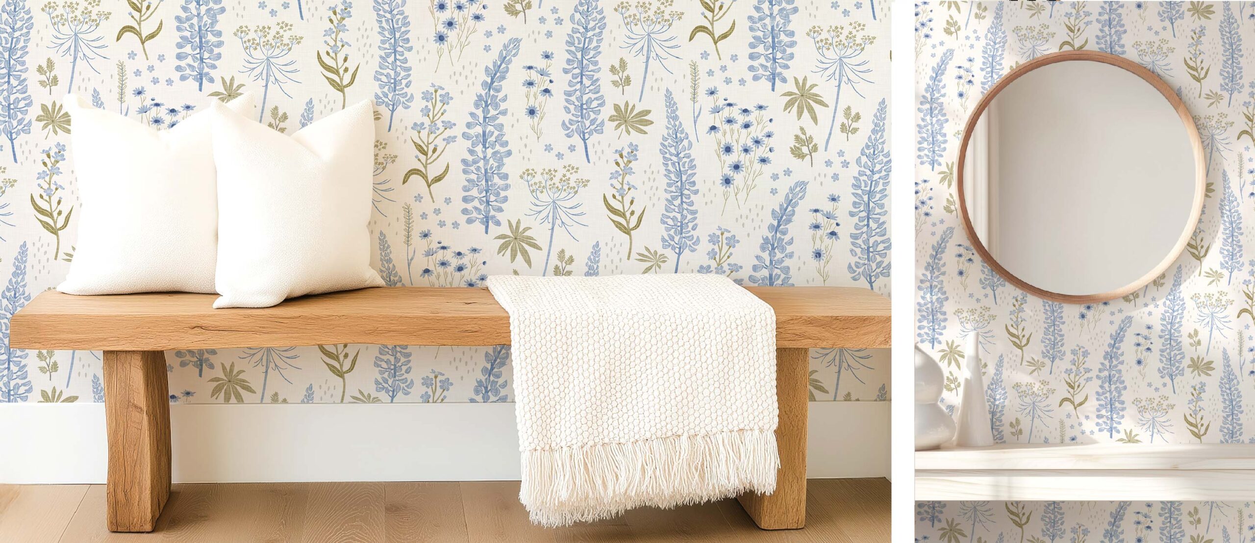 Anja Jankowsky Wildflower Botanicals Wallpaper on Hallway Mockup with Bench